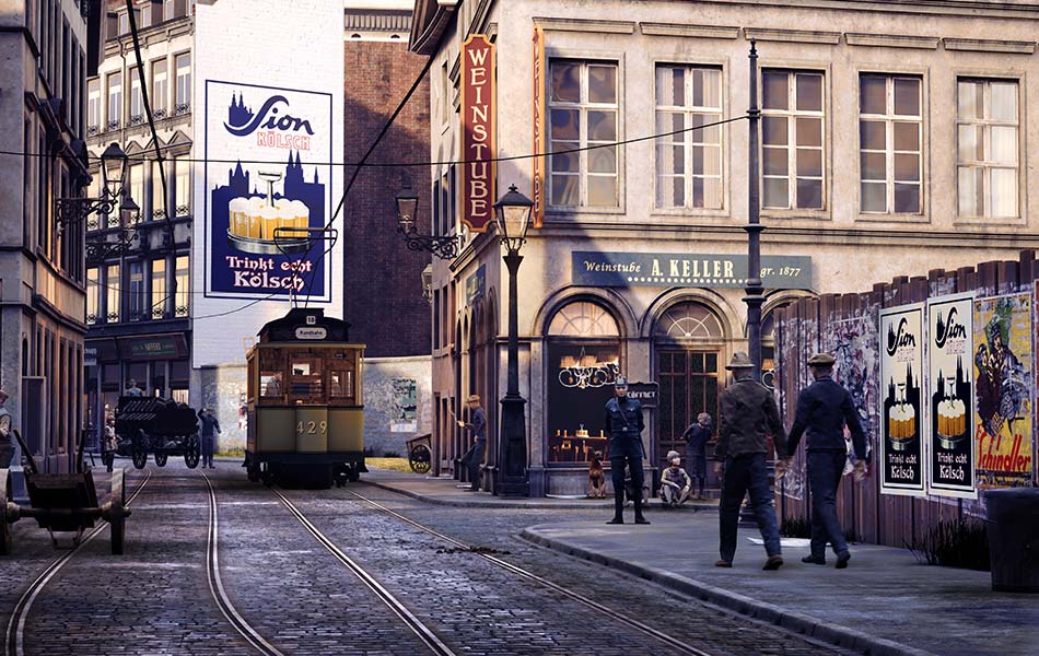 Straßenszene in Köln mit historischer Straßenbahn und traditionellen Gasthäusern.