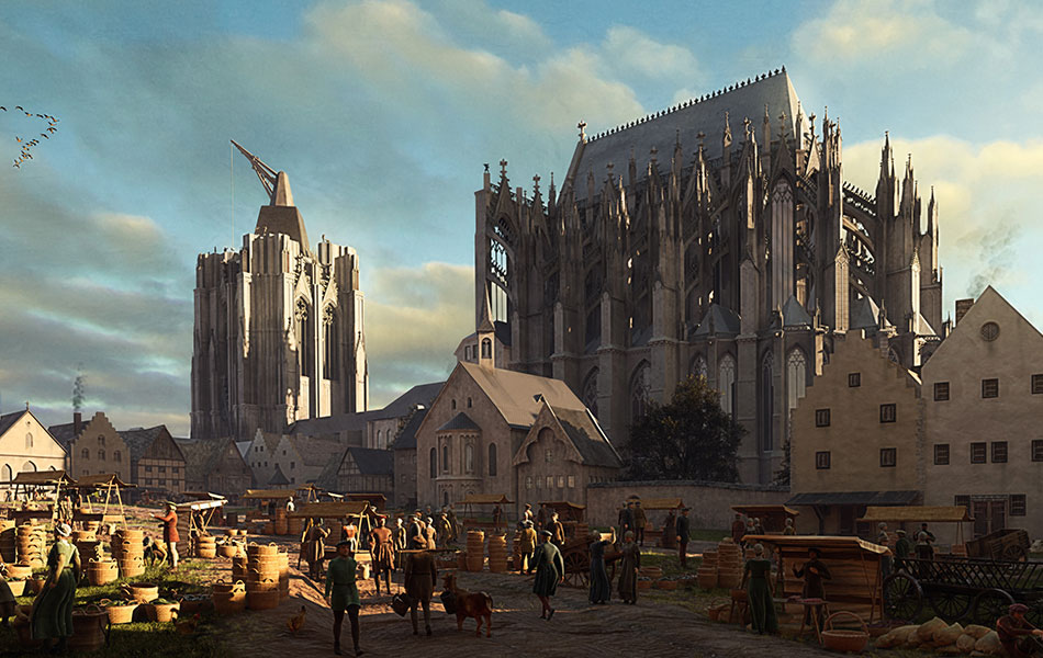 Kölner Dom im Bau, umringt von Markttreiben und Bürgern der Epoche.