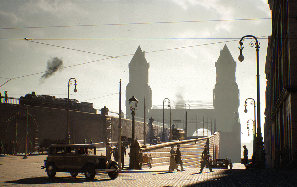 Silhouette der Hohenzollernbrücke, umgeben von historischem Straßenleben und Fahrzeugen.