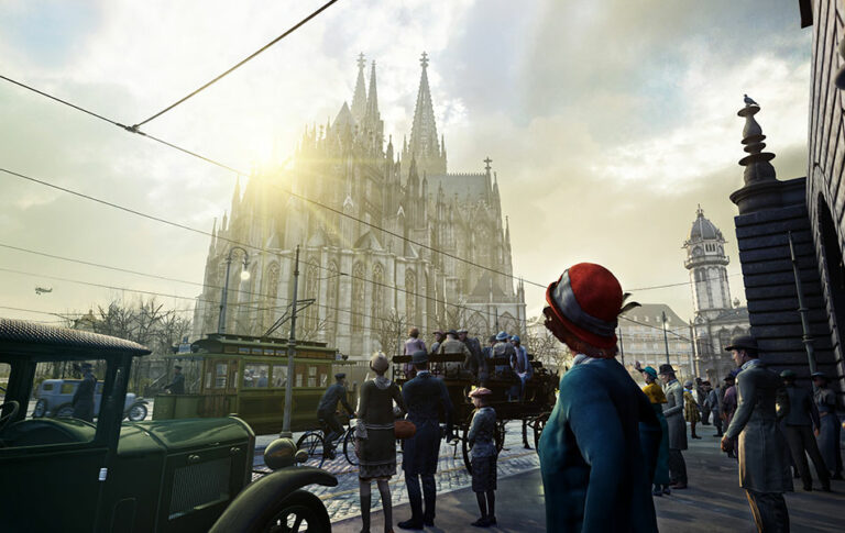 Hutmacherin blickt in historischer Straßenszene auf den Kölner Dom.