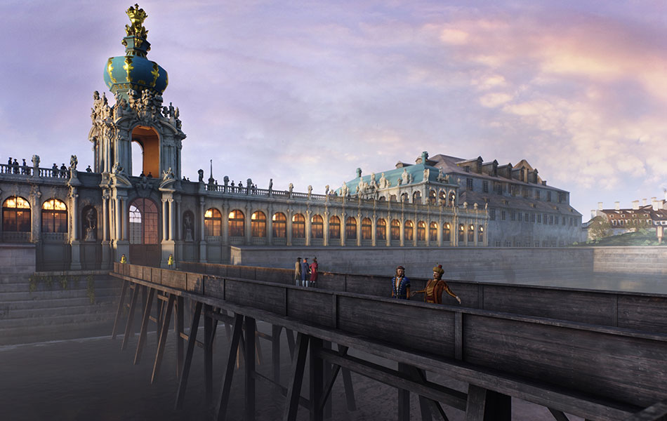 Brücke zum Tor des Dresdener Zwingers im Jahre 1712 mit Menschen in historischer Kleidung darauf.