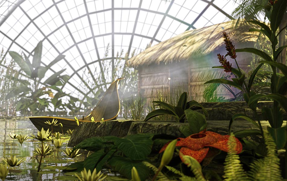 Märchenhafte Hütte steht im vernebelten Wintergarten.