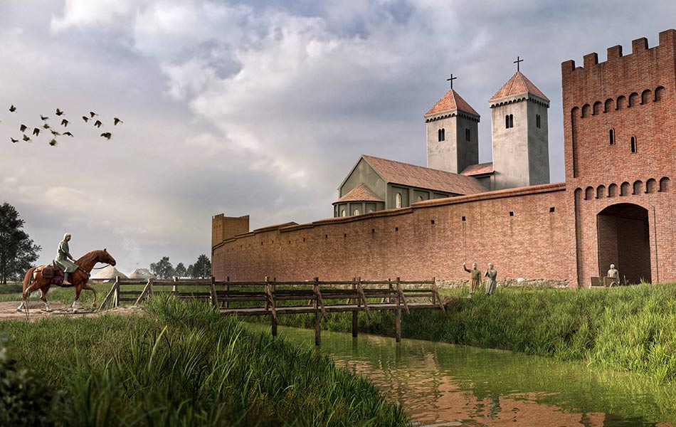 Mittelalterliche Burg, auf deren Brücke sich ein Reiter dem Burgtor nähert.