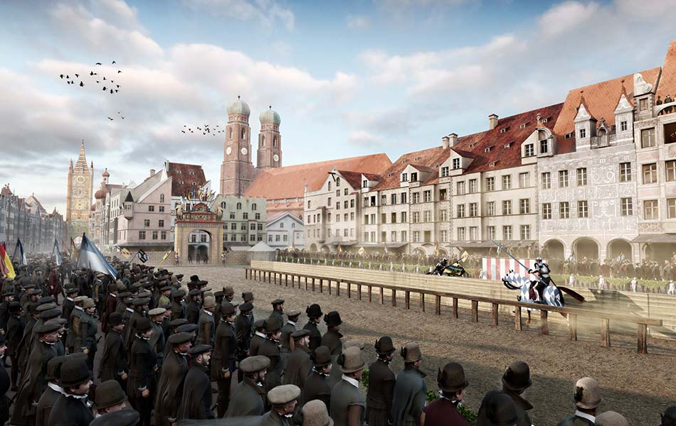Szene von Ritterspielen mit Zuschauern die ein Lanzenduell betrachten, mit Frauenkirche im Hintergrund.