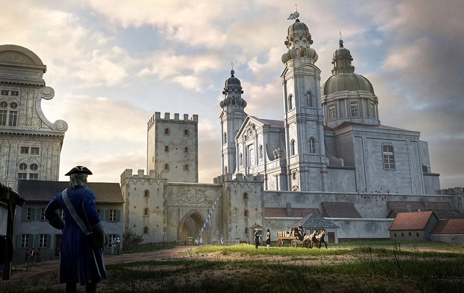 Historischer Soldat blickt auf Theatinerkirche und Stadttor, umgeben von Bürgern und Kutschen im Abendlicht
